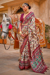 Contrasting Multi colour Patola Saree on silk With Elegant Gold Print | Contrasting saree | Patola Print Saree | Designer Saree